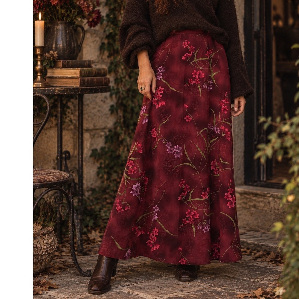 Vtg 90s Whimsigoth Maxi Skirt Womens sz 12 Burgundy Practical Magic Dark Floral